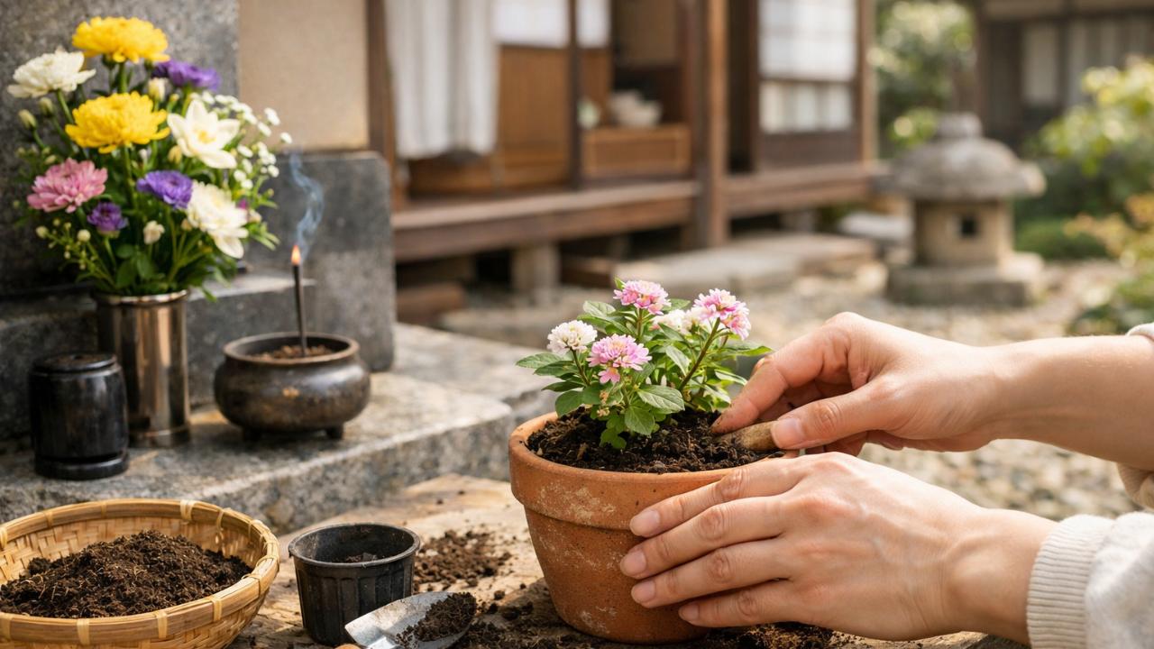 和風の庭先で小さな鉢植えに触れる手元と、背景に控えめな仏花や落ち着いた日本家屋の雰囲気がある情景