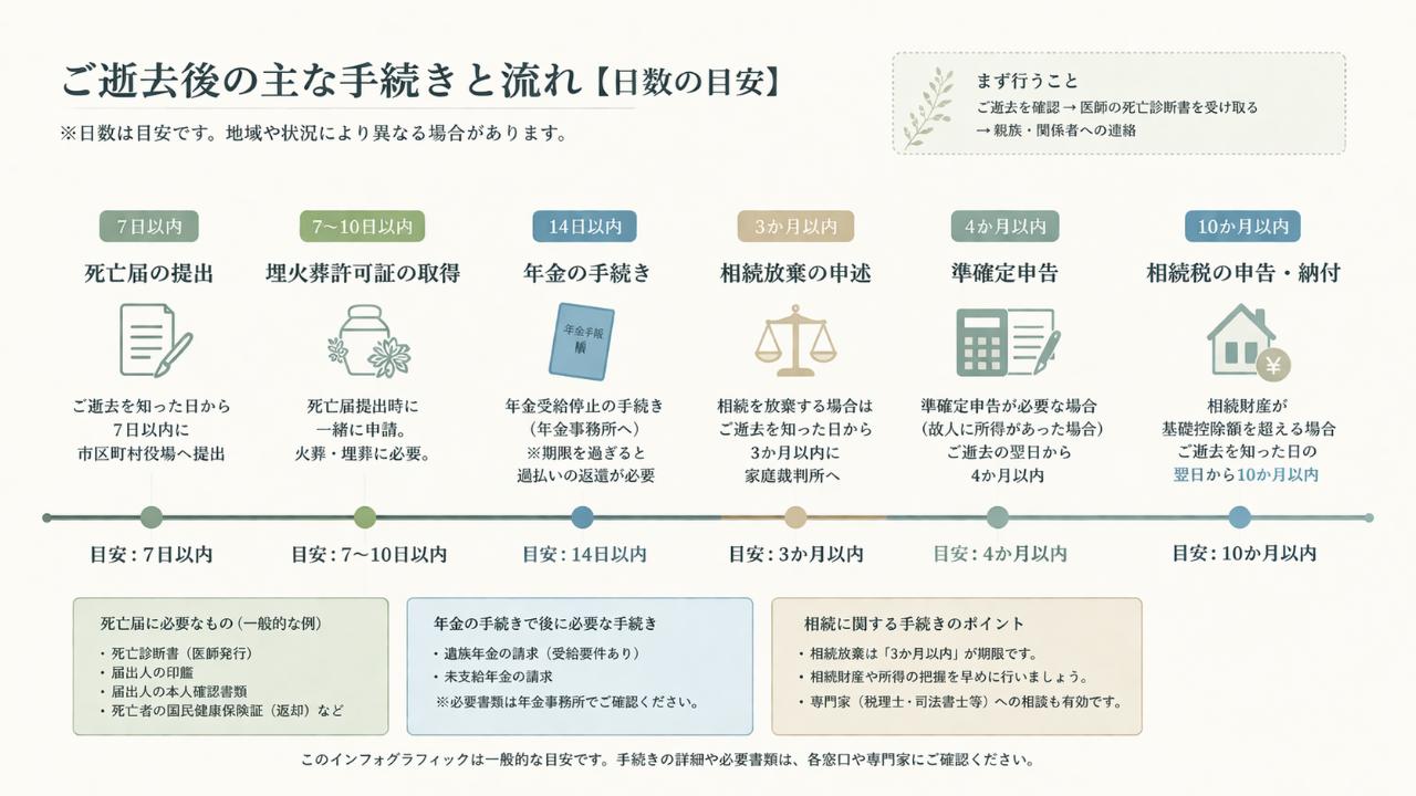 死亡届提出から埋火葬許可証、年金、相続放棄、準確定申告、相続税までを日数別に整理した日本語インフォグラフィック