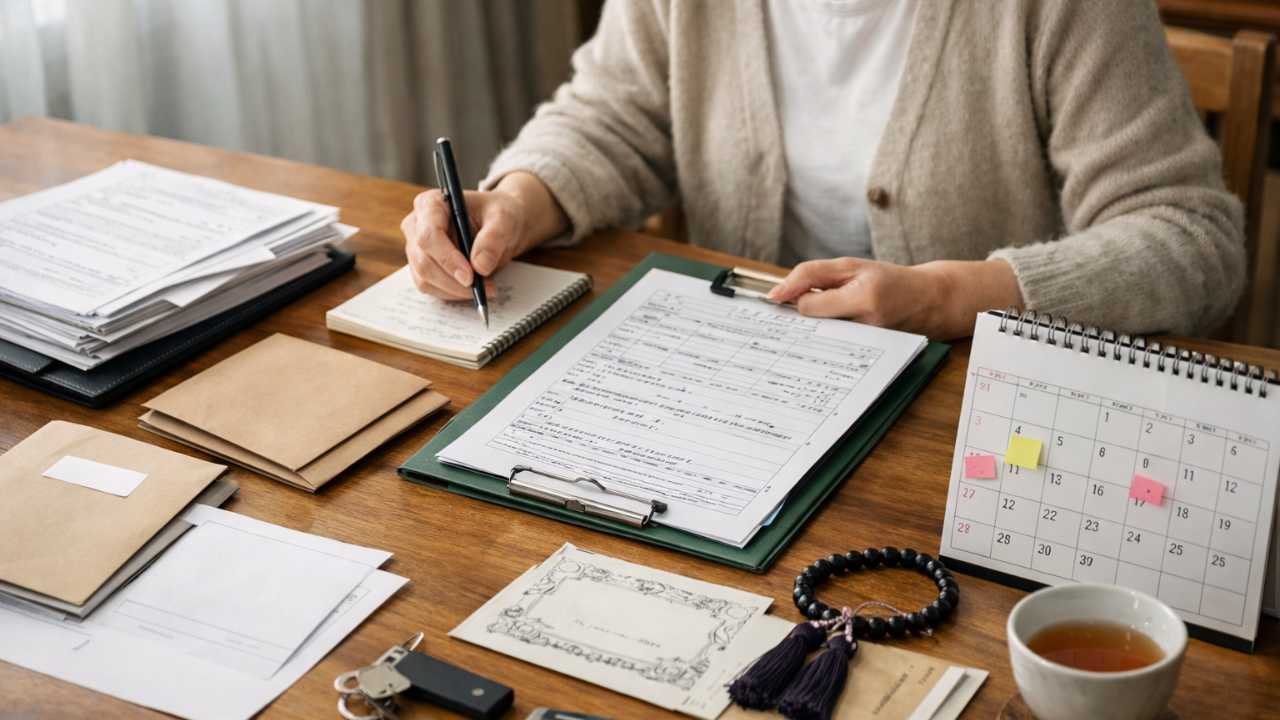 遺族が木製テーブルの上で死亡後の手続き書類、年金書類、メモ、カレンダーを静かに整理している日本の家庭風景