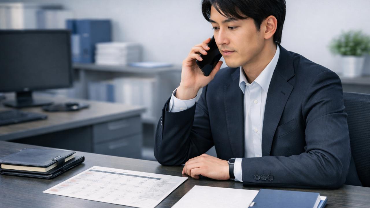 日本のオフィスで、曾祖母の訃報を受けて会社へ休暇連絡をするビジネスパーソン