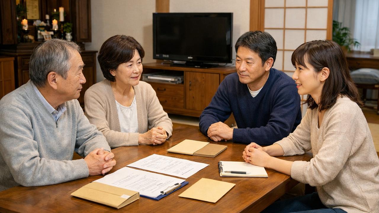 墓じまいをテーマに、親族が落ち着いた雰囲気で今後の供養について話し合っている様子