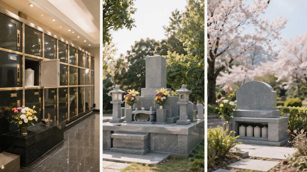 改葬先を比較しているイメージとして、納骨堂、永代供養墓、合葬墓をやわらかいトーンで対比したビジュアル