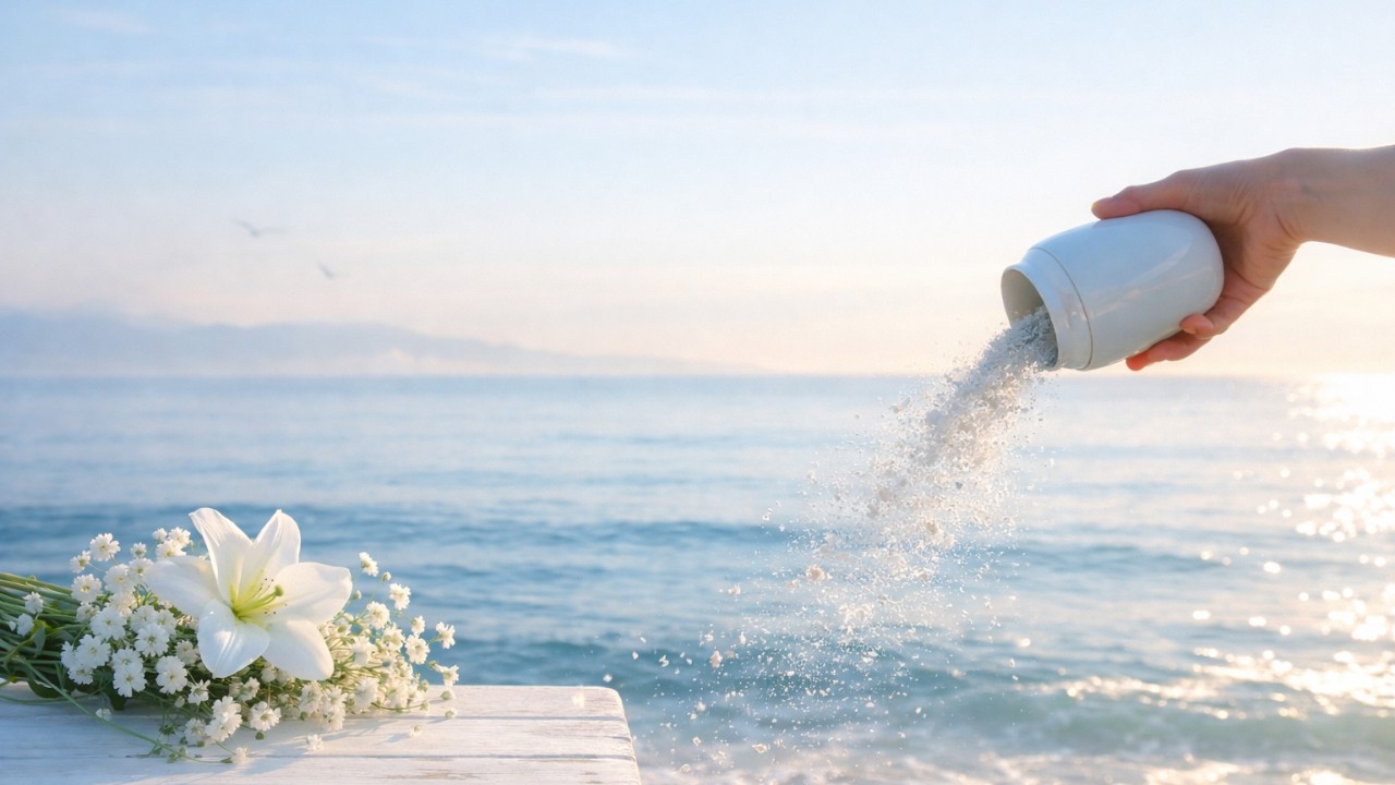 穏やかな朝の海を背景に、白い花をさりげなく添えた静かな供養イメージ