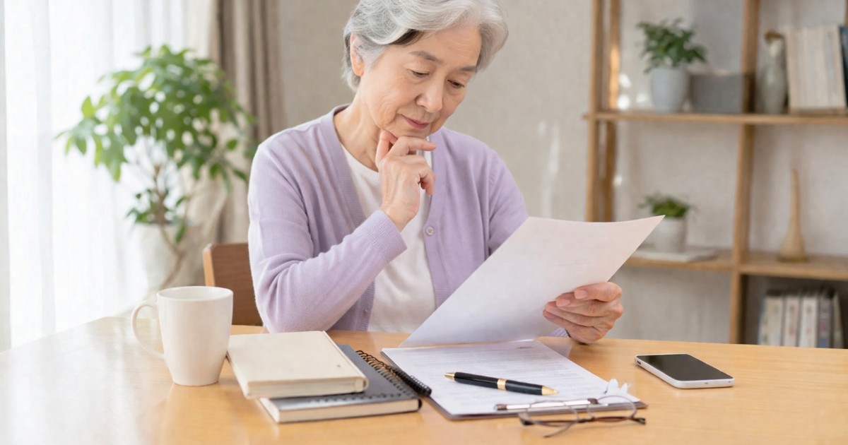 日本の単身高齢者の終活準備をテーマにした現実的で清潔感のある写真風ビジュアル