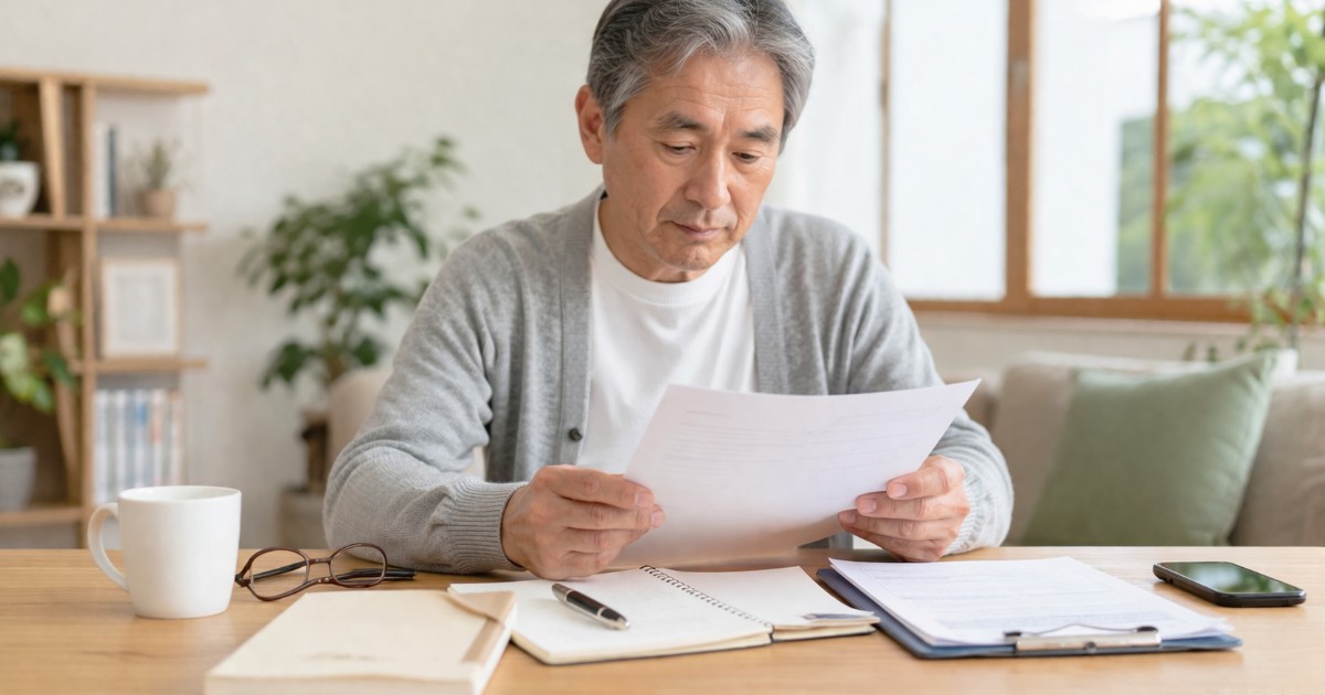 日本の単身高齢者の終活準備をテーマにした現実的で清潔感のある写真風ビジュアル