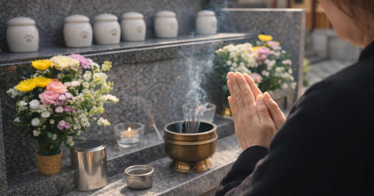 寺院や霊園で手を合わせる落ち着いた供養風景