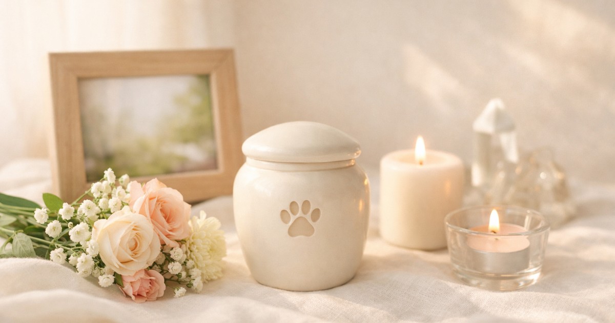 やわらかな朝の光が差し込む静かな室内、白い布の上に小さな骨壺、淡い花、写真立て