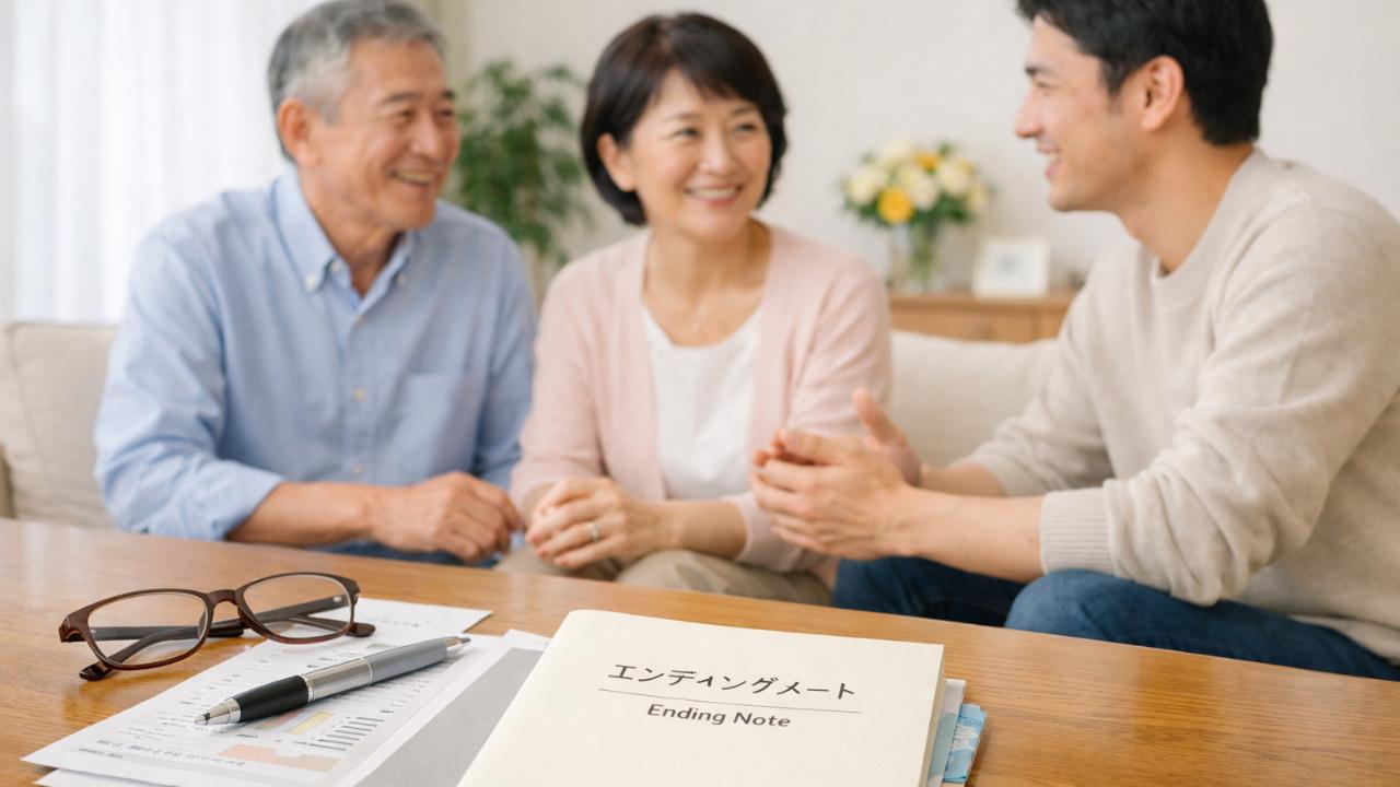 生前予約の葬式をテーマにした、明るく落ち着いた日本らしい終活イメージ。テーブルの上にエンディングノート、眼鏡、ペン、整理された書類。中高年の親と成人した子どもが穏やかに話し合っている