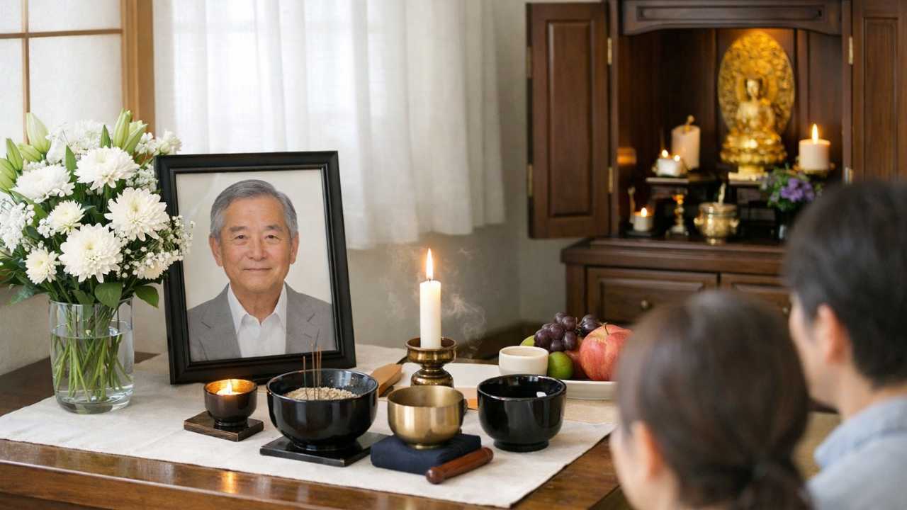 四十九日にお坊さんを呼ばず、家族だけで静かに故人を偲ぶ日本の室内風景