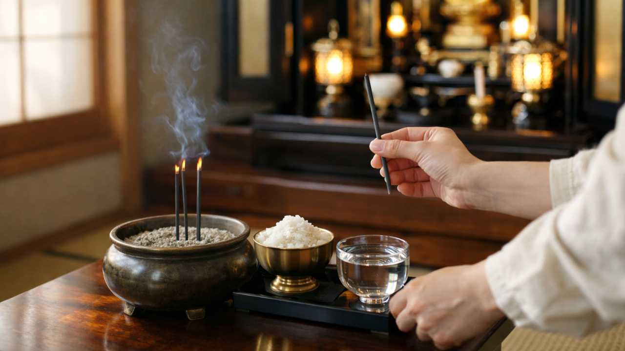 朝のお参りの準備をする手元、仏壇にご飯と水を供え、線香を一本手に取る場面