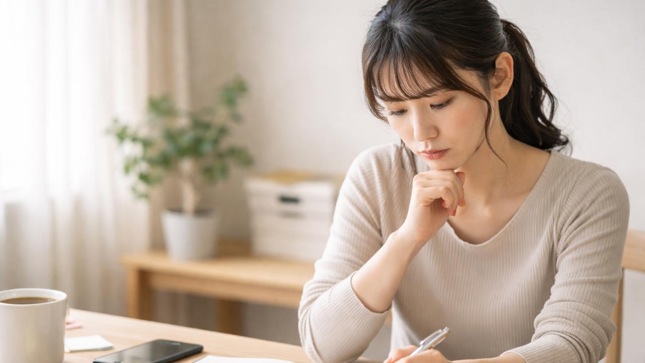 法事と仕事の予定が重なったスケジュール帳を前に悩む20代日本人女性