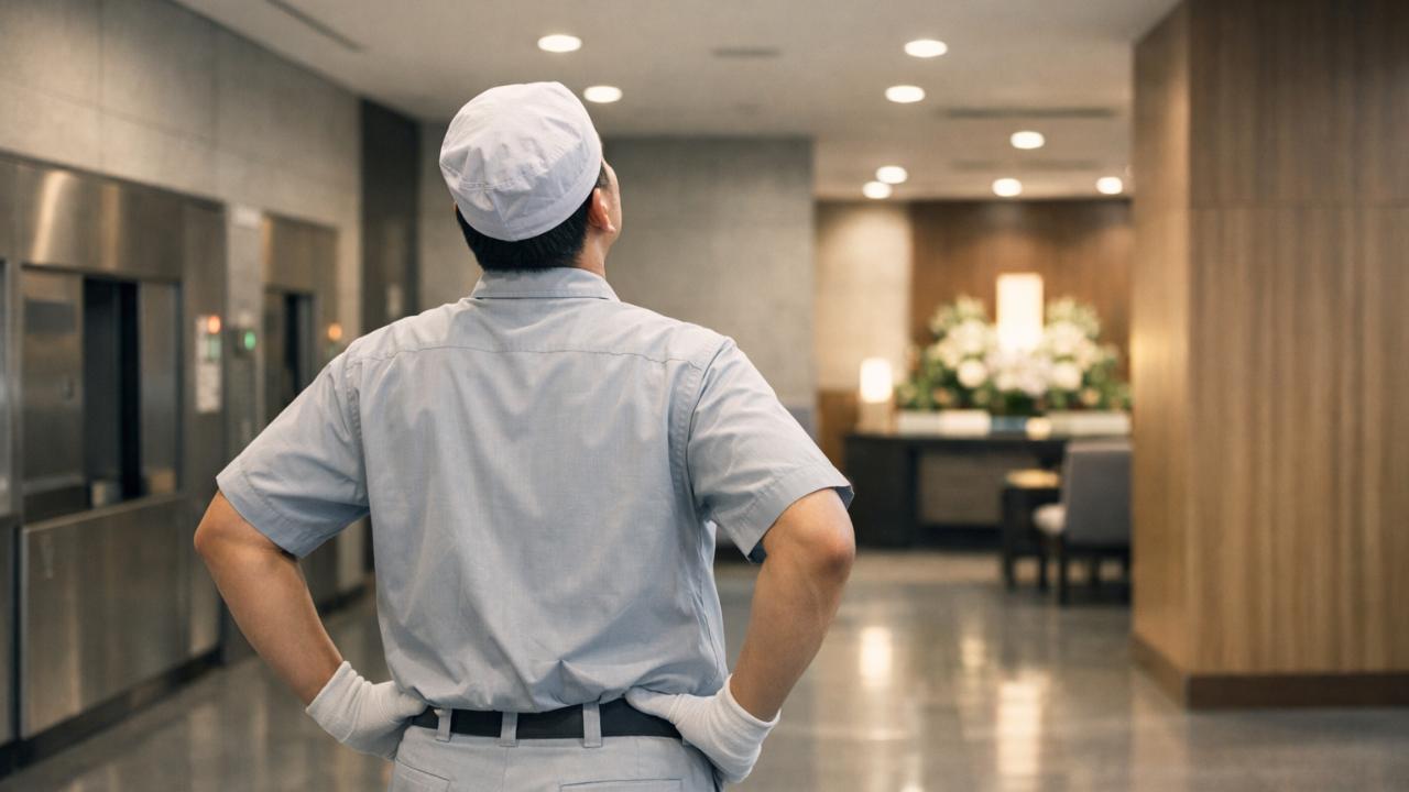 静かな公営斎場の館内を背景に、業務を終えて深呼吸する火葬場職員の後ろ姿。