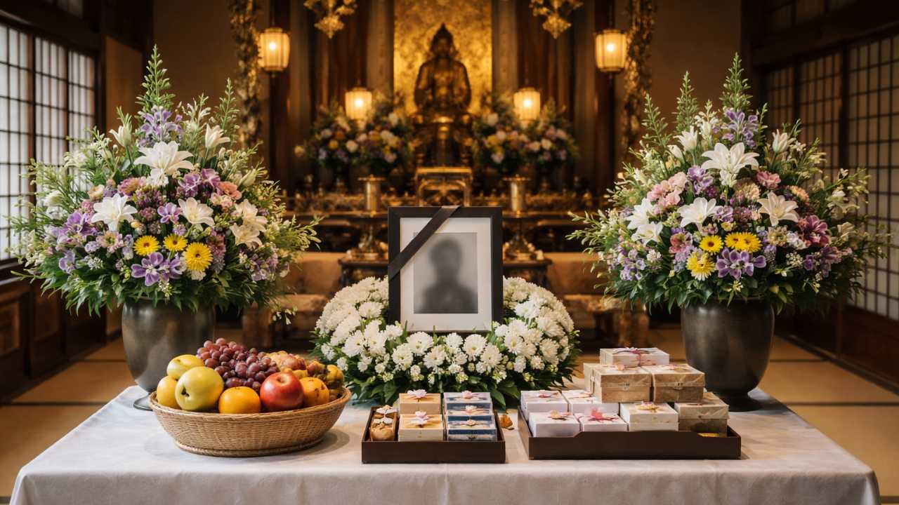 日本のお寺で行う一周忌のお供え品、箱入りのお菓子、果物、線香、数珠がテーブルの上に整然と並んでいる