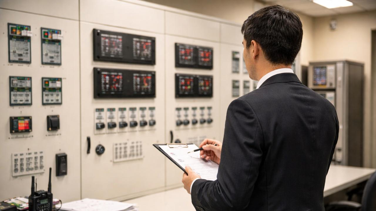 設備監視室で、操作パネルやチェック表を前に職員が安全確認をしている場面