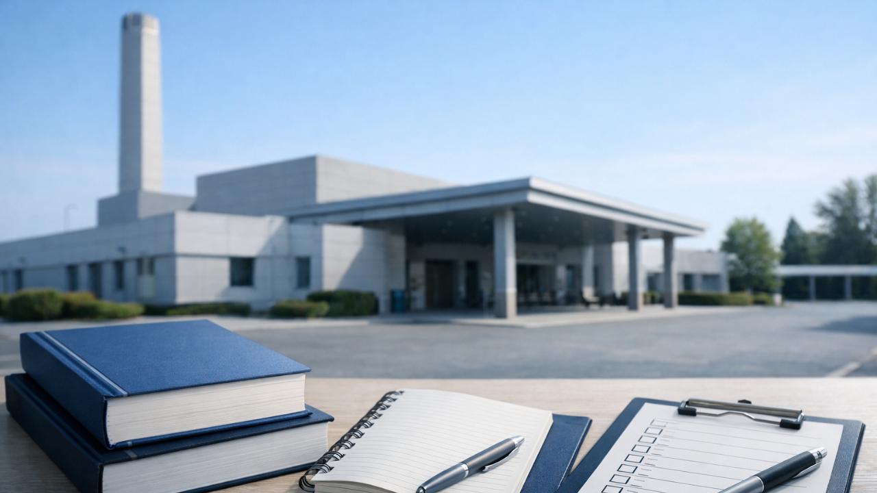 火葬技術管理士の難易度をテーマにしたブログ用アイキャッチ、静かな公営斎場を連想させる清潔感のある施設外観