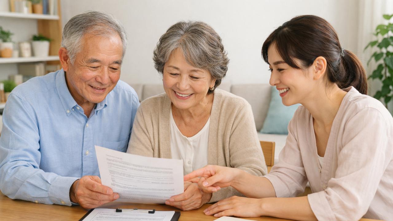 「終活支援サービスを検討する日本人の高齢者と家族が、明るく落ち着いた室内で資料を見ながら相談している様子