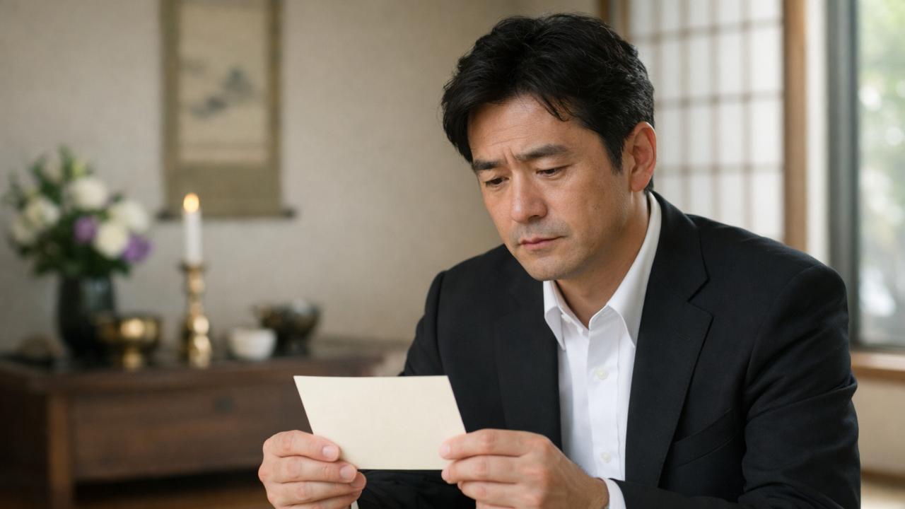 日本の法要を連想させる落ち着いた室内空間、案内状を手にして少し悩んだ表情の大人の人物