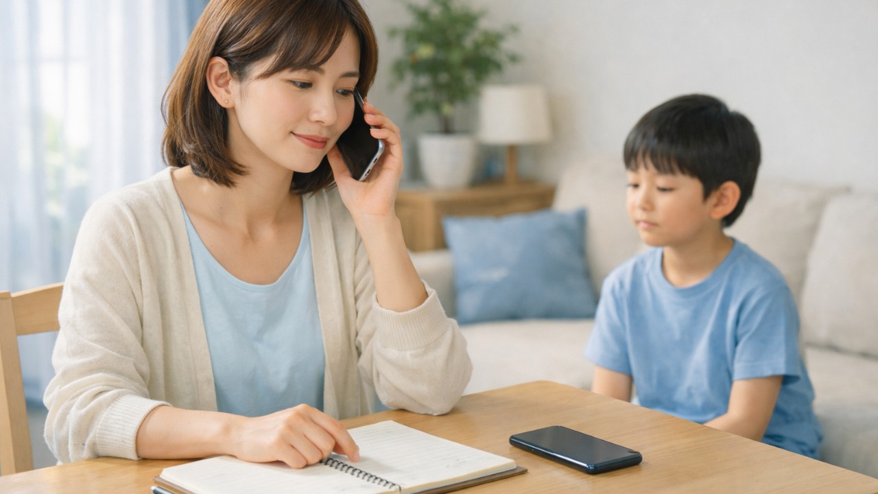 自宅で保護者が小学校へ連絡している場面