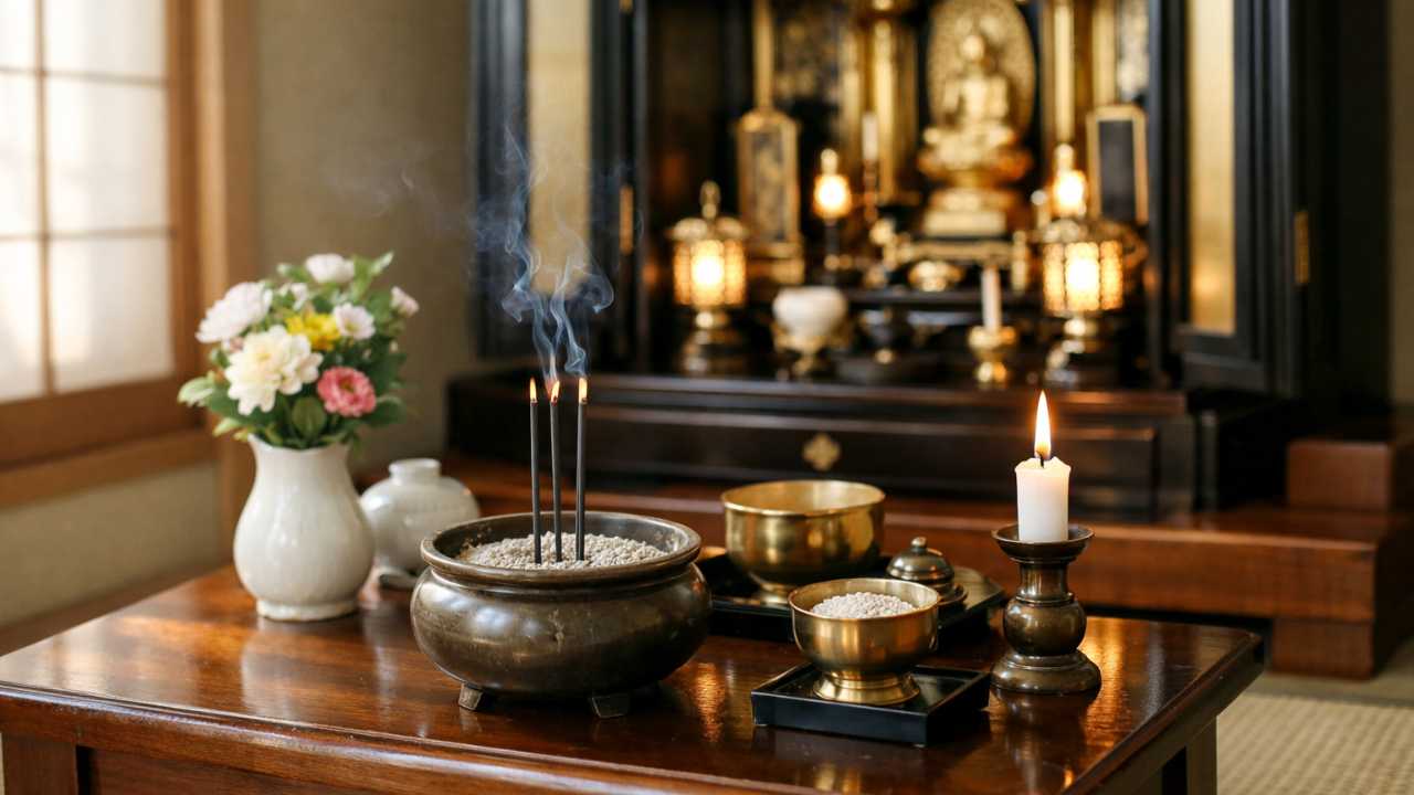 日本の家庭の落ち着いた和室に置かれた仏壇、朝のやわらかな自然光、香炉に供えられた線香