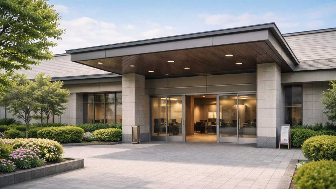 火葬場の仕事の現場を象徴する静かな公営斎場の外観