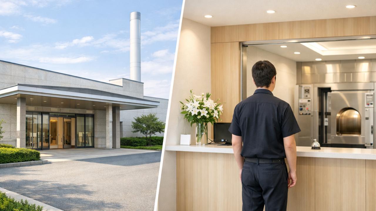 日本の公営斎場をイメージした落ち着いた外観と、静かな受付空間を組み合わせたアイキャッチ画像