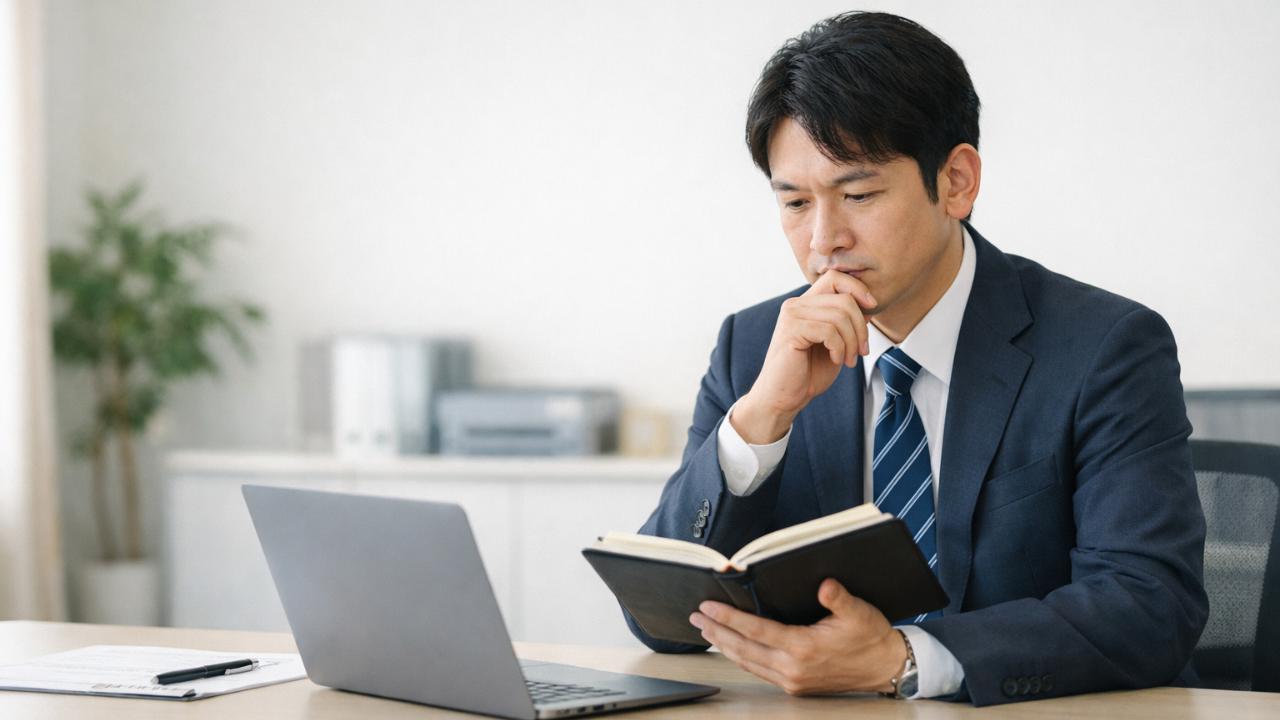 親戚の法事で仕事を休むか悩む日本人会社員が、オフィスのデスクで手帳とノートPCを見ながら静かに考えているシーン