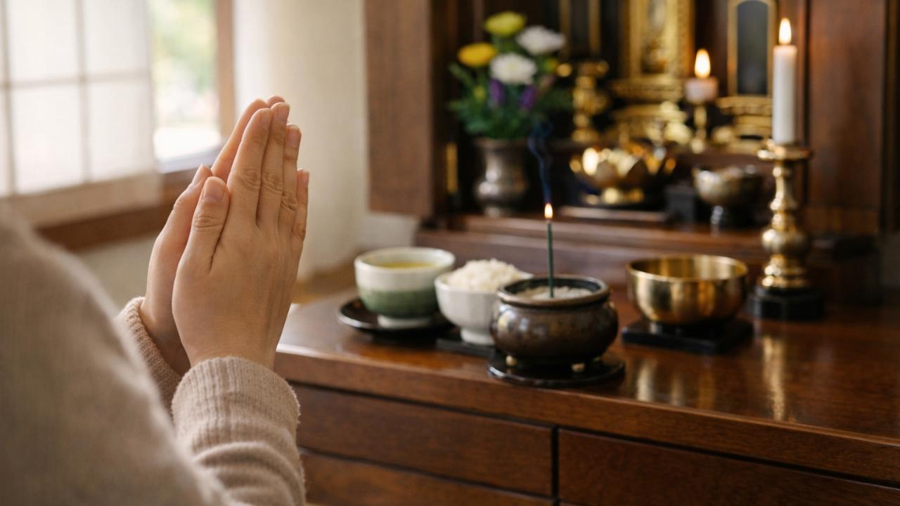 朝の時間帯に仏壇の前で静かに手を合わせる人物の手元