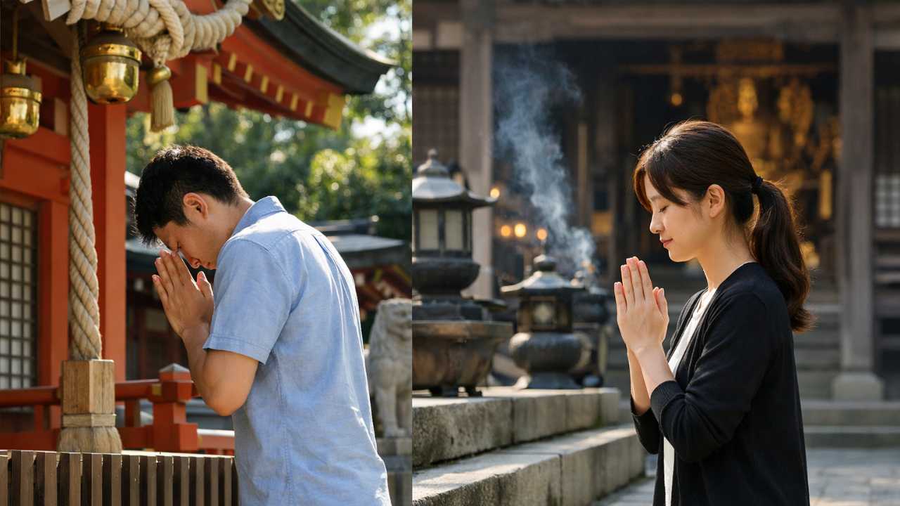 神社とお寺の作法の違いがひと目で伝わるブログ用アイキャッチ、左側に神社の拝殿前で参拝する人物