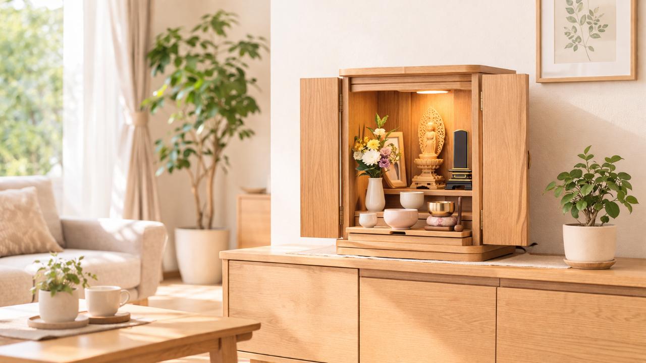リビングに自然になじむ家具調のミニ仏壇イメージ