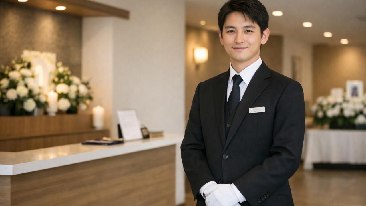 清潔感のある現代的な葬儀ホールの受付付近で、礼儀正しい若手の葬儀社スタッフが穏やかな表情で立っている