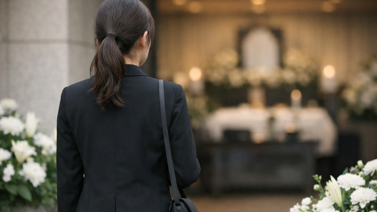 葬式に参列するか迷って立ち止まる若い孫世代の人物の後ろ姿