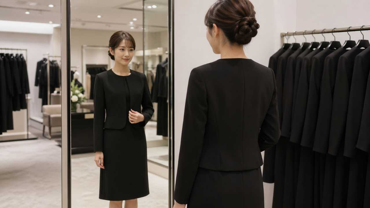 日本人女性がブラックフォーマルのワンピースとジャケットを鏡の前で確認している実写風写真