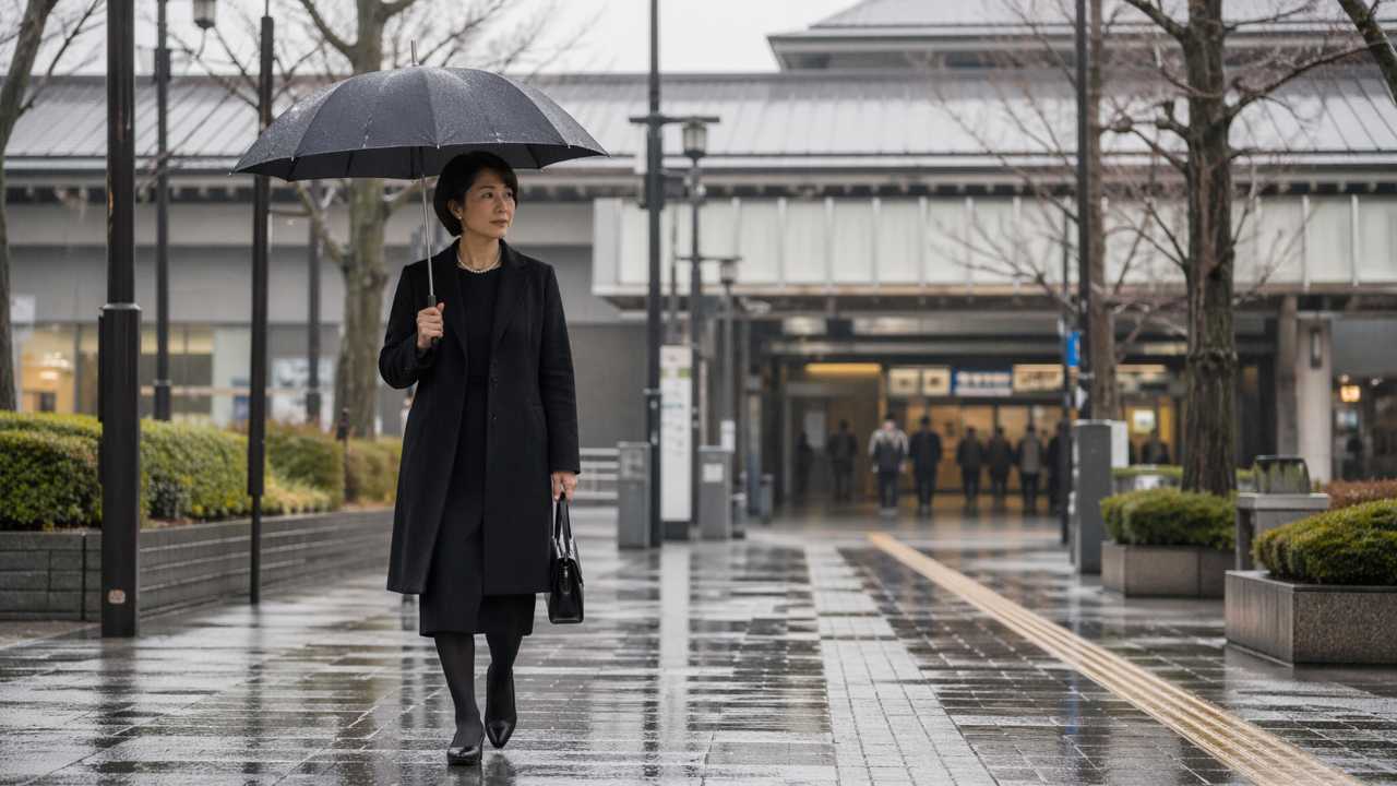 雨の日に黒いコートを羽織った喪服姿の参列者が駅へ向かう実写風写真
