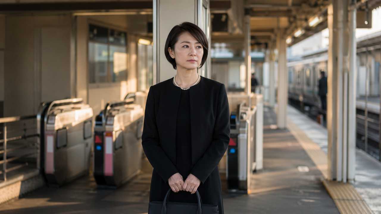 喪服を着た日本人の女性が、落ち着いた表情で駅ホームまたは改札付近に立っている実写風の写真