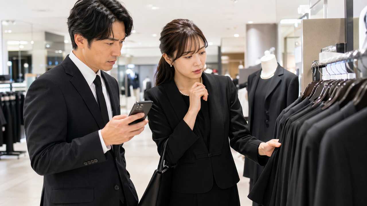 急いで礼服を探している日本人の男女が、清潔感のある大型ショッピングモール内のフォーマル売場でブラックフォーマルを選んでいる実写風シーン