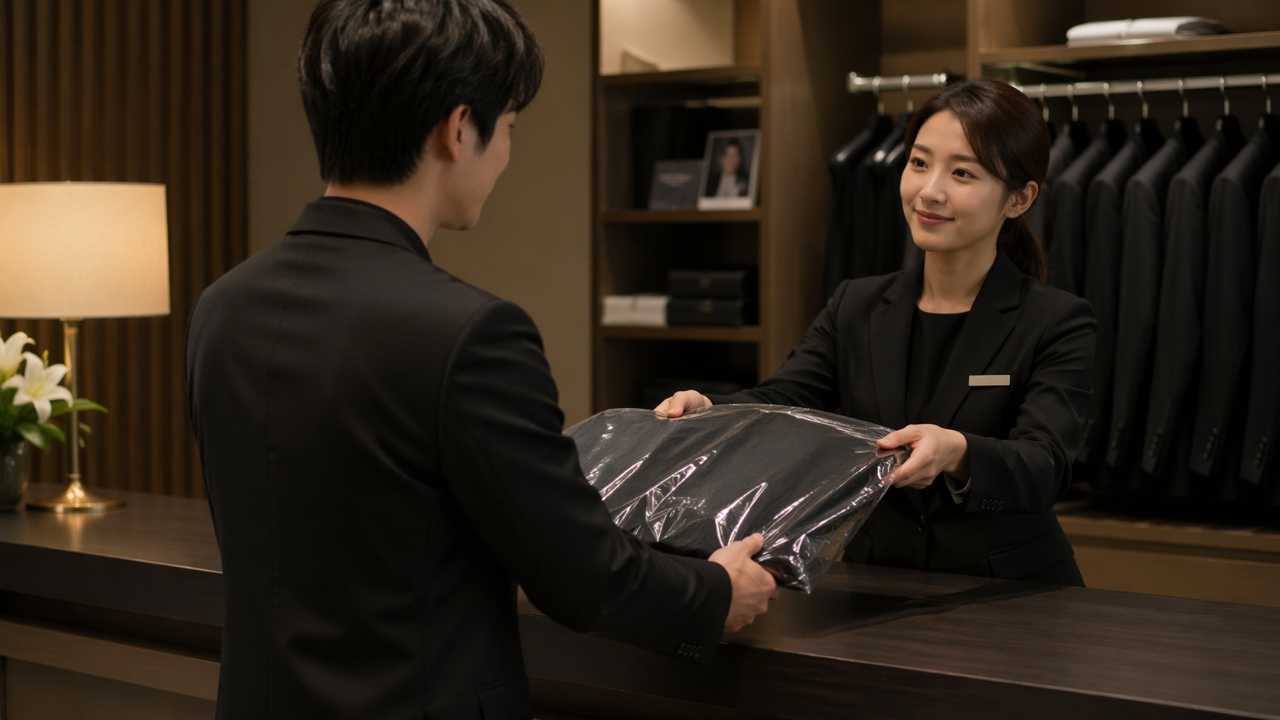 店舗受け取りカウンターで喪服を受け取る場面
