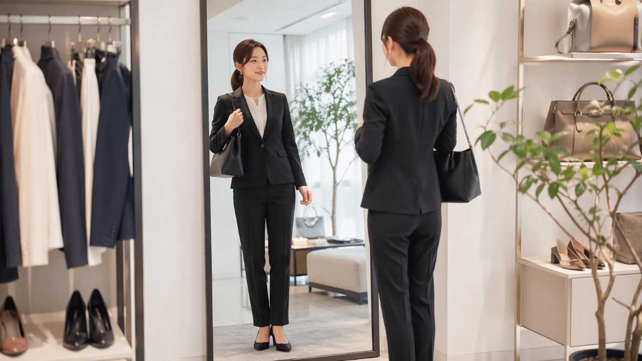 日本人の大人の女性が、シンプルで上品な黒ジャケットと黒パンツのセットアップを着て鏡の前で全身を確認している