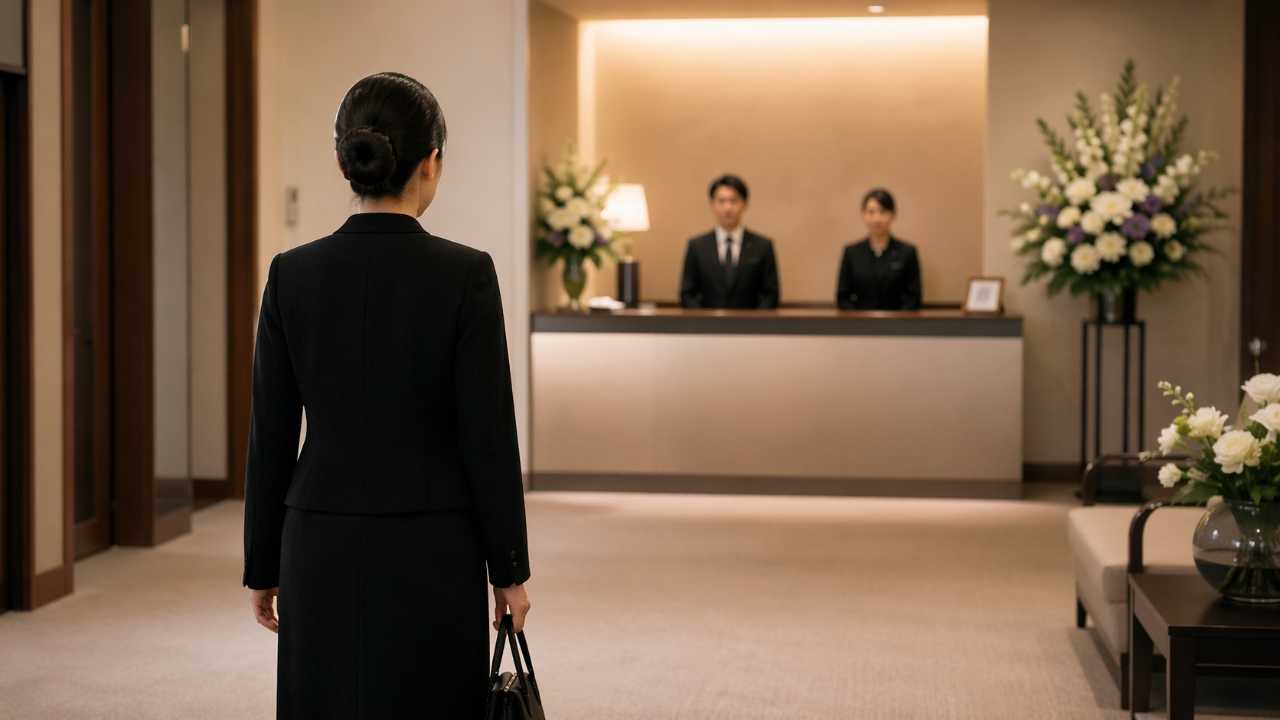 葬儀会場の受付に向かう女性の後ろ姿、ブラックフォーマル、ネックレスなし、静かな所作が伝わる構図