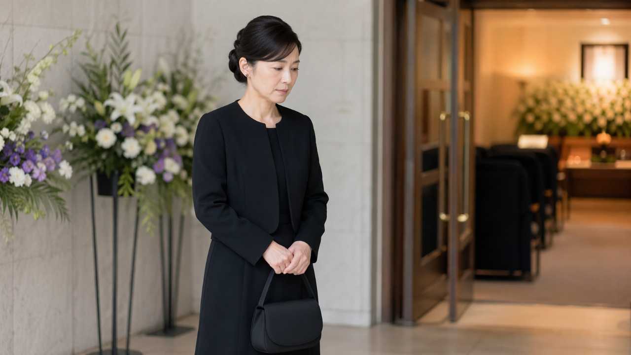 日本の葬儀に参列する30代〜40代女性、光沢のない黒のブラックフォーマル、ネックレスなし、控えめな髪型、黒のバッグを持ち、落ち着いた室内の葬儀会場前で静かに立っている構図