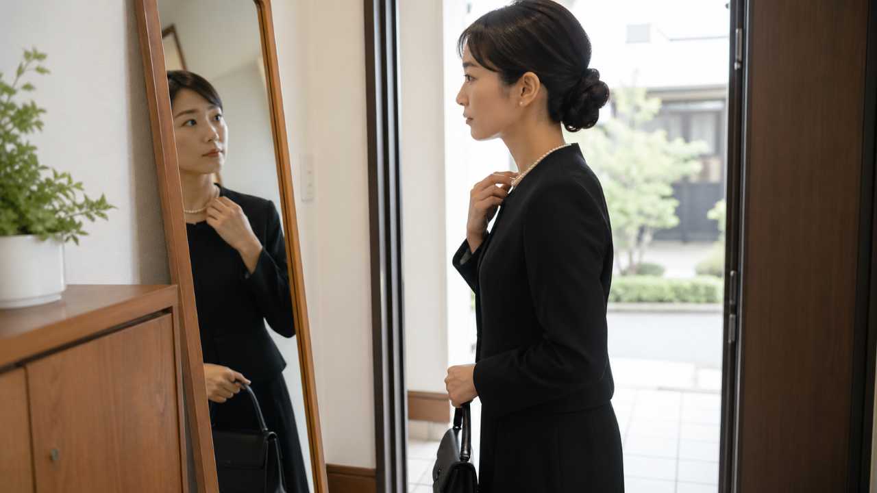 お通夜向けの控えめな黒コーデを着た女性が玄関で身だしなみを整えているシーン