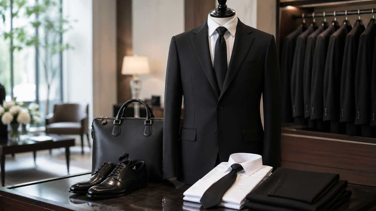 落ち着いた室内のフォーマル売り場で、黒の礼服、白シャツ、黒ネクタイ、黒いバッグ、革靴が上品に並んでいる写真風イメージ