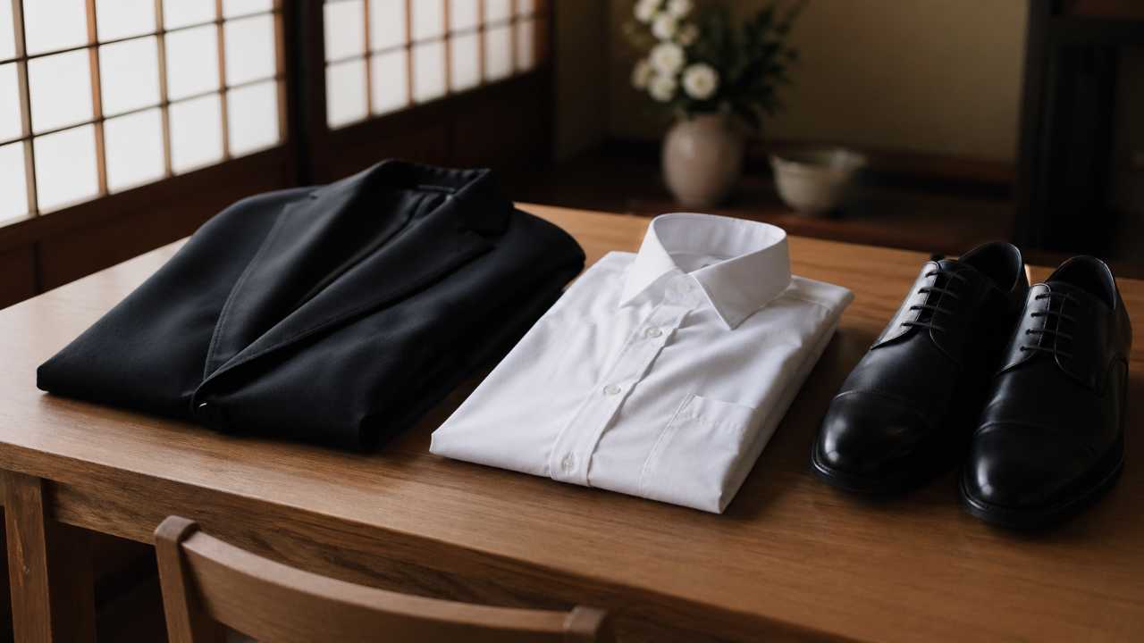 穏やかな日本の追悼式典の雰囲気、シンプルな木製のテーブルの上にきちんと並べられた暗いフォーマルカジュアルな服装