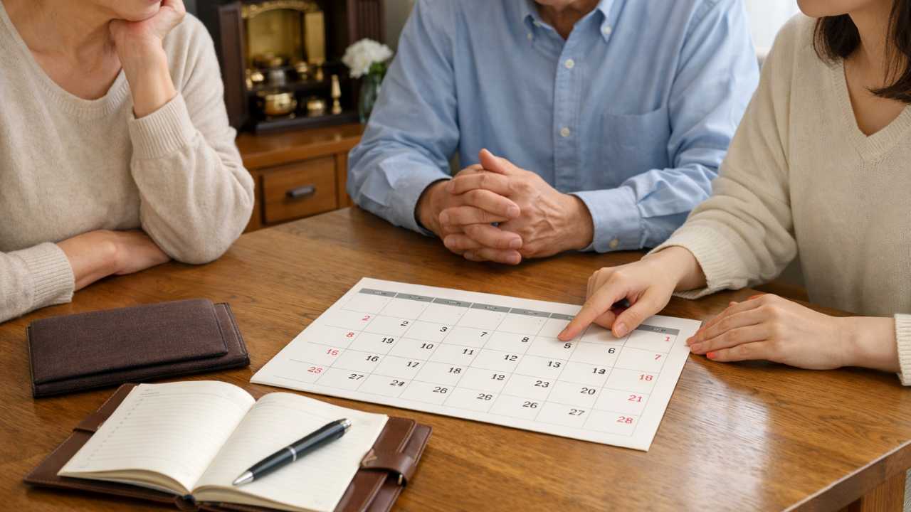 日本の法事の日程について家族が静かに相談しているリビング風景