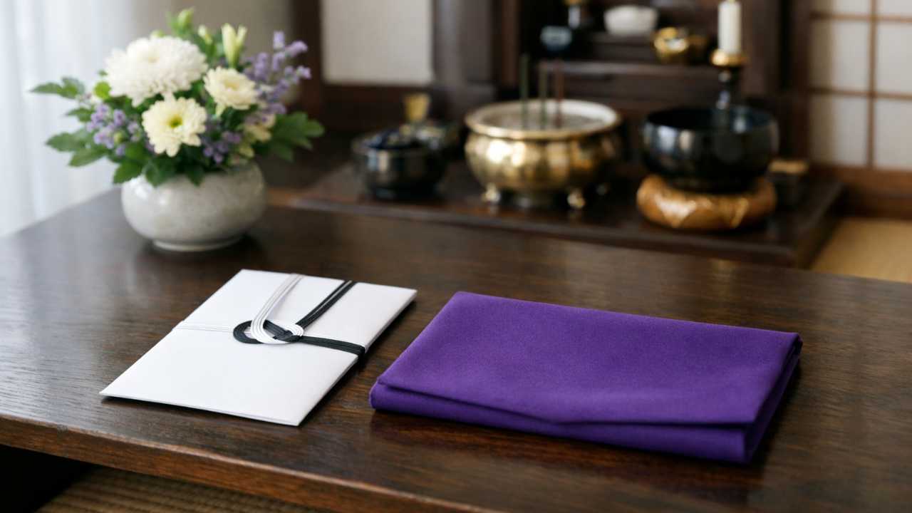法事の準備風景、白無地の不祝儀封筒と紫の袱紗