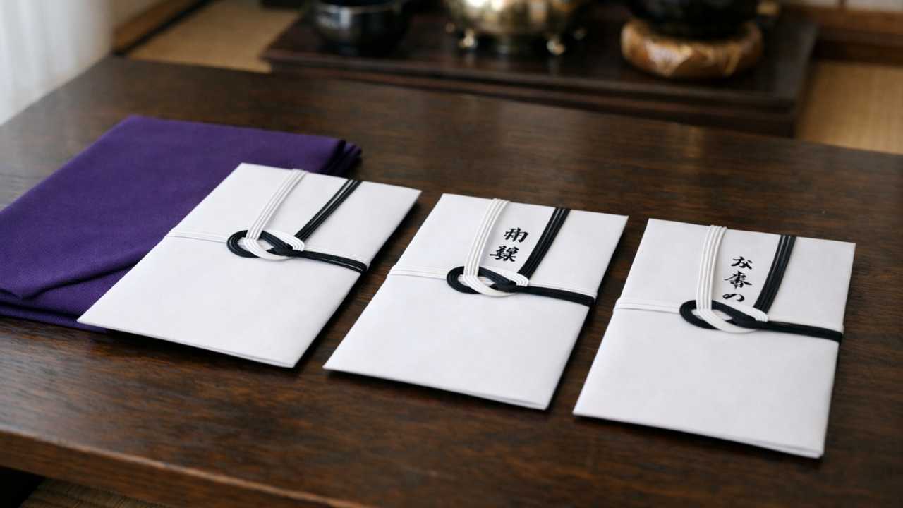 お布施、御膳料、お車代の3つの封筒を整然と並べた机上写真