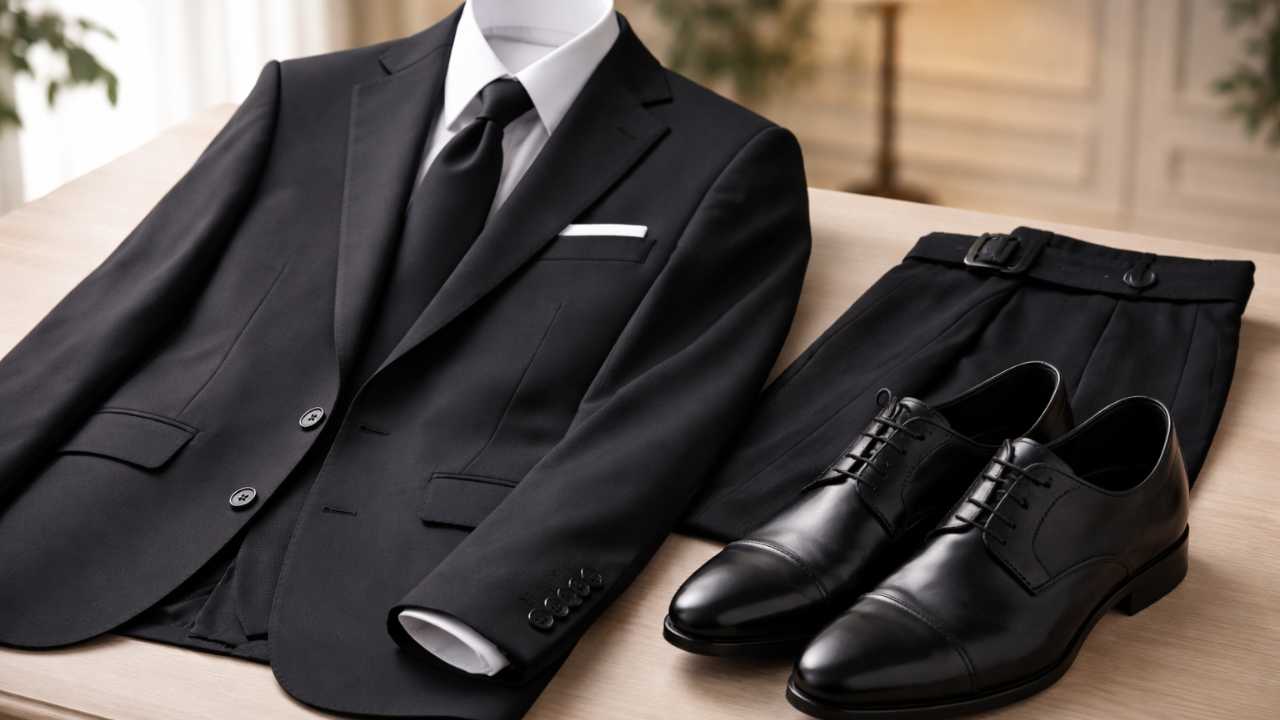 日本のブログ記事用アイキャッチ、30代前後の男性向けメンズ礼服がテーマ、深い黒のブラックフォーマルスーツ一式を上品に配置