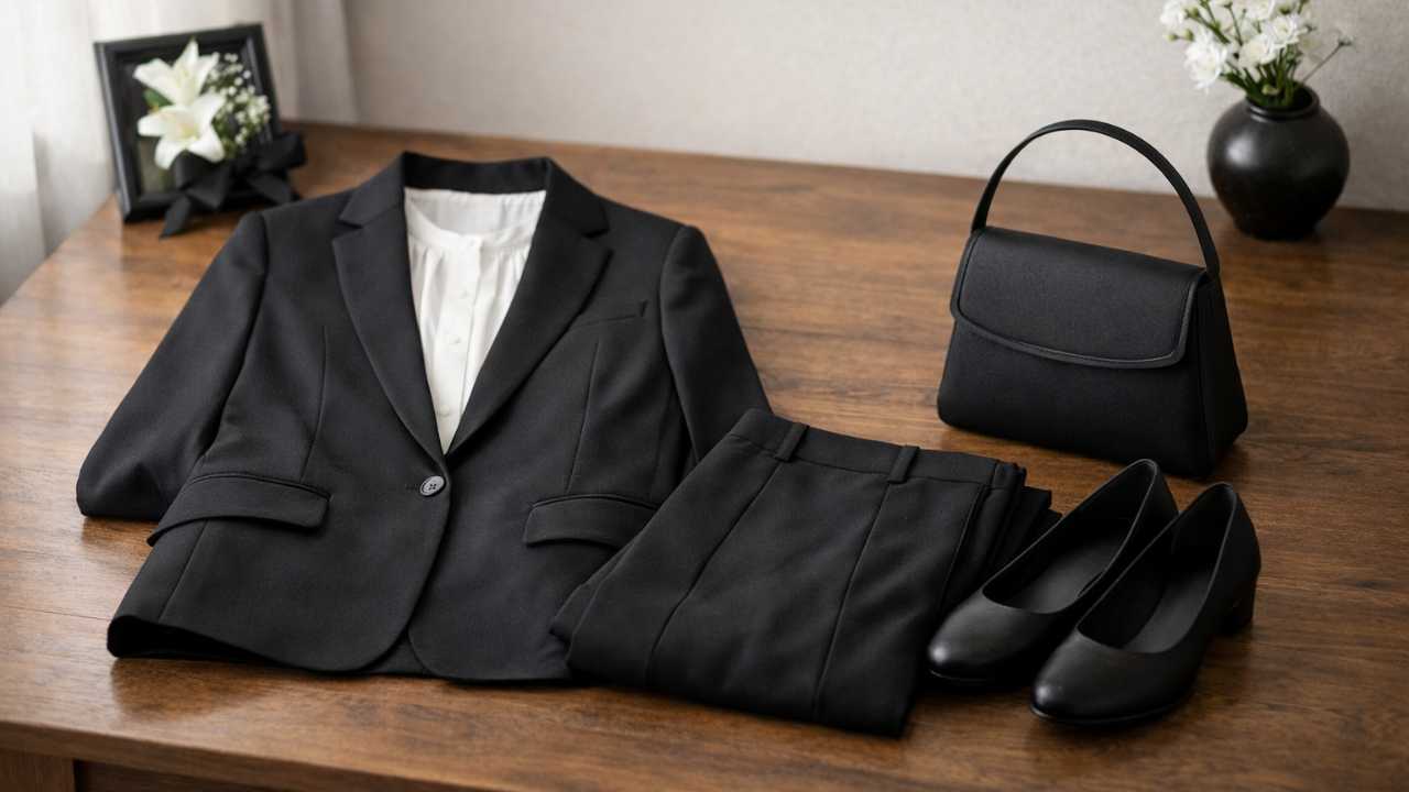 女性向けの喪服代用コーデとして黒ジャケット、黒パンツ、控えめな黒バッグ、黒パンプスをまとめた構図