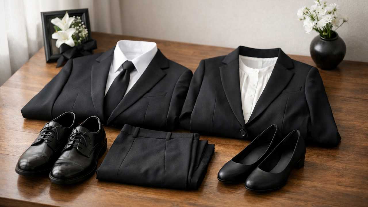 喪服代用をテーマにした日本のブログ用アイキャッチ、黒のテーラードジャケットと黒のパンツ、白シャツ、黒のパンプスまたは革靴を落ち着いた室内で丁寧に並べた構図