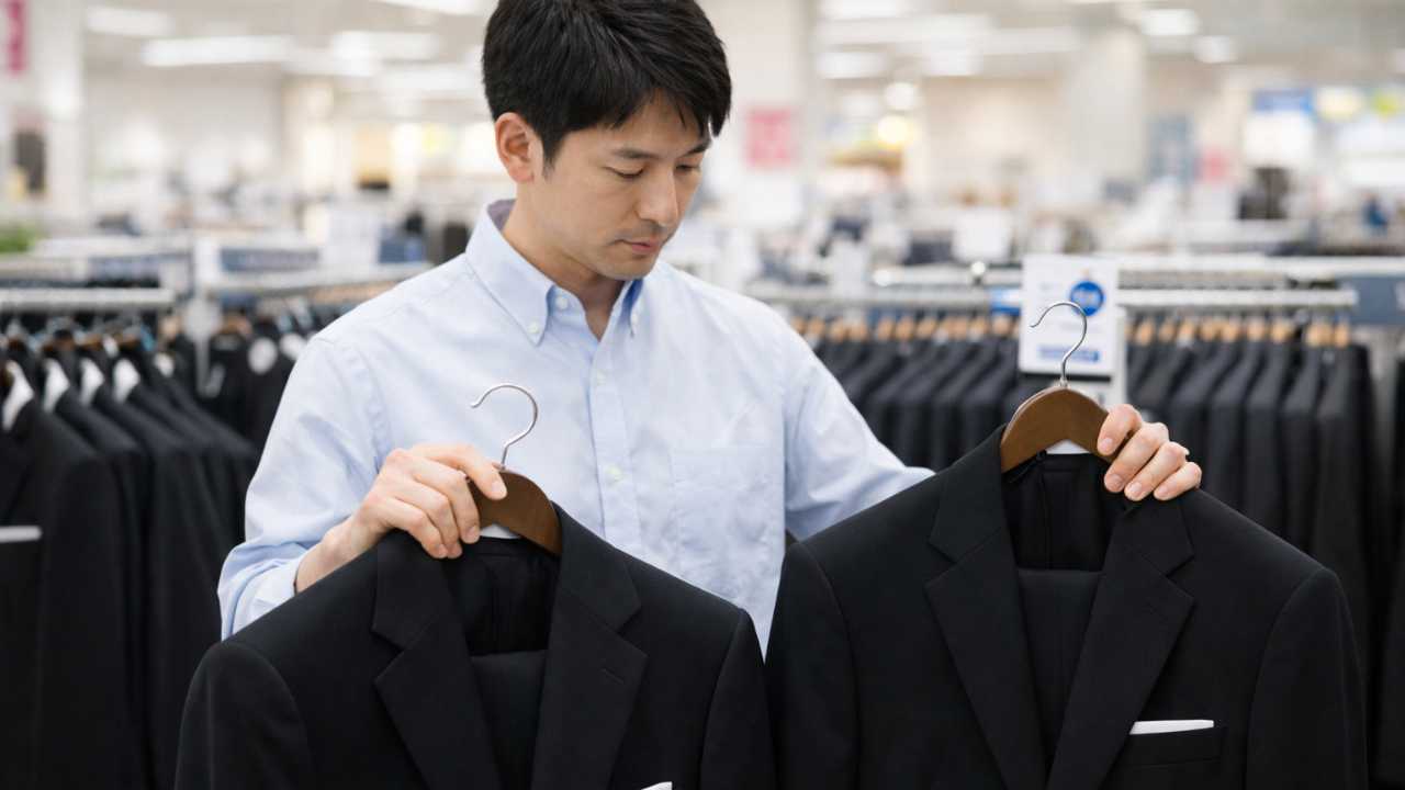 イオンのような大型商業施設を連想させる明るい売り場で、黒いメンズ礼服を比較している日本人男性