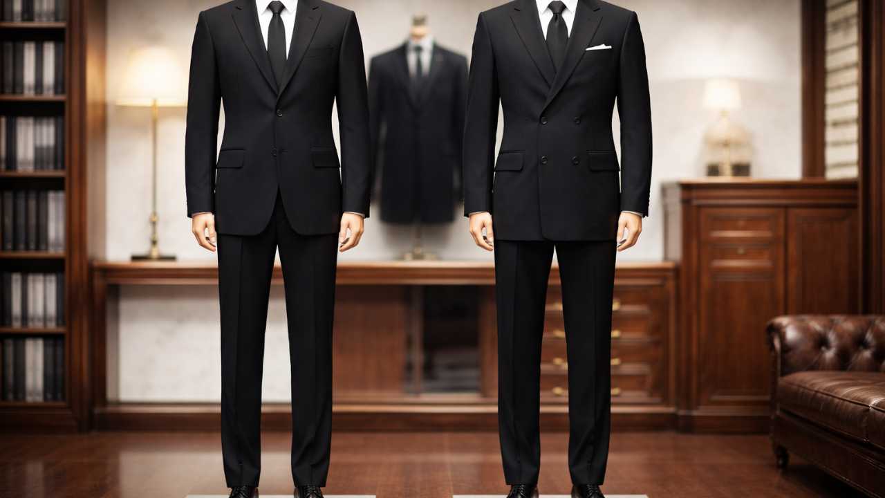 男性用礼服のシングルとダブルを横並びで比較できるブログ用アイキャッチ、上品なテーラーショップ風の背景